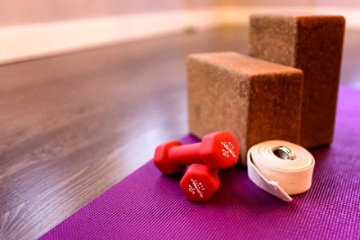 Yoga mat, blocks, dumbbells